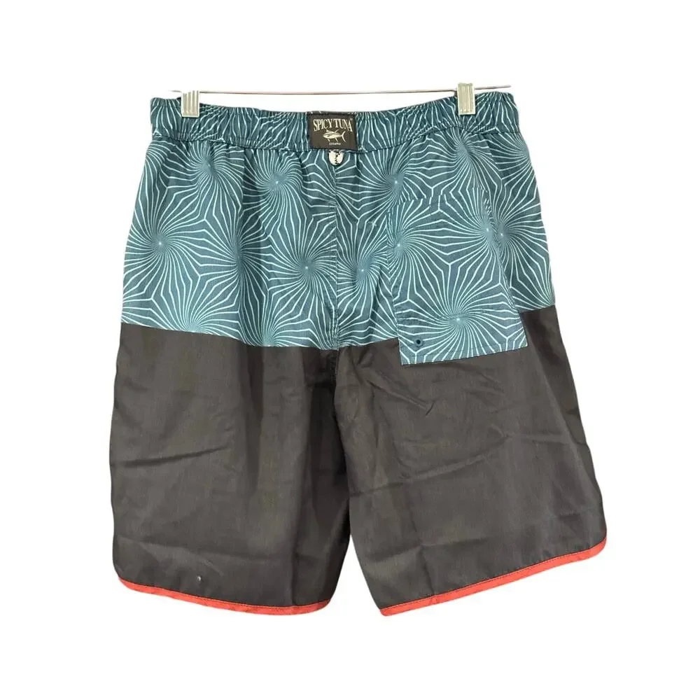 Spicy Tuna Lined Drawstring Swim Trunks Men Small Black Green Board Shorts NWT